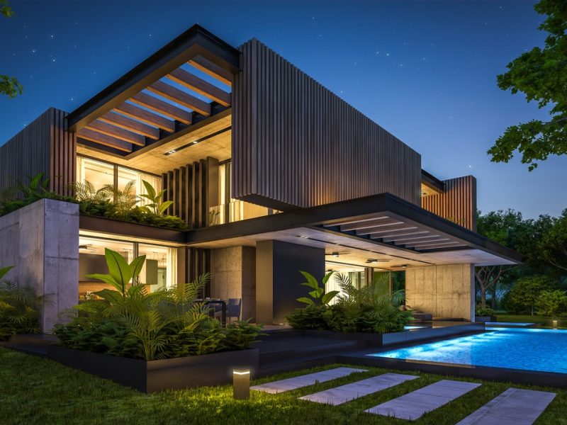 3d,Rendering,Of,Modern,Cozy,House,With,Parking,And,Pool